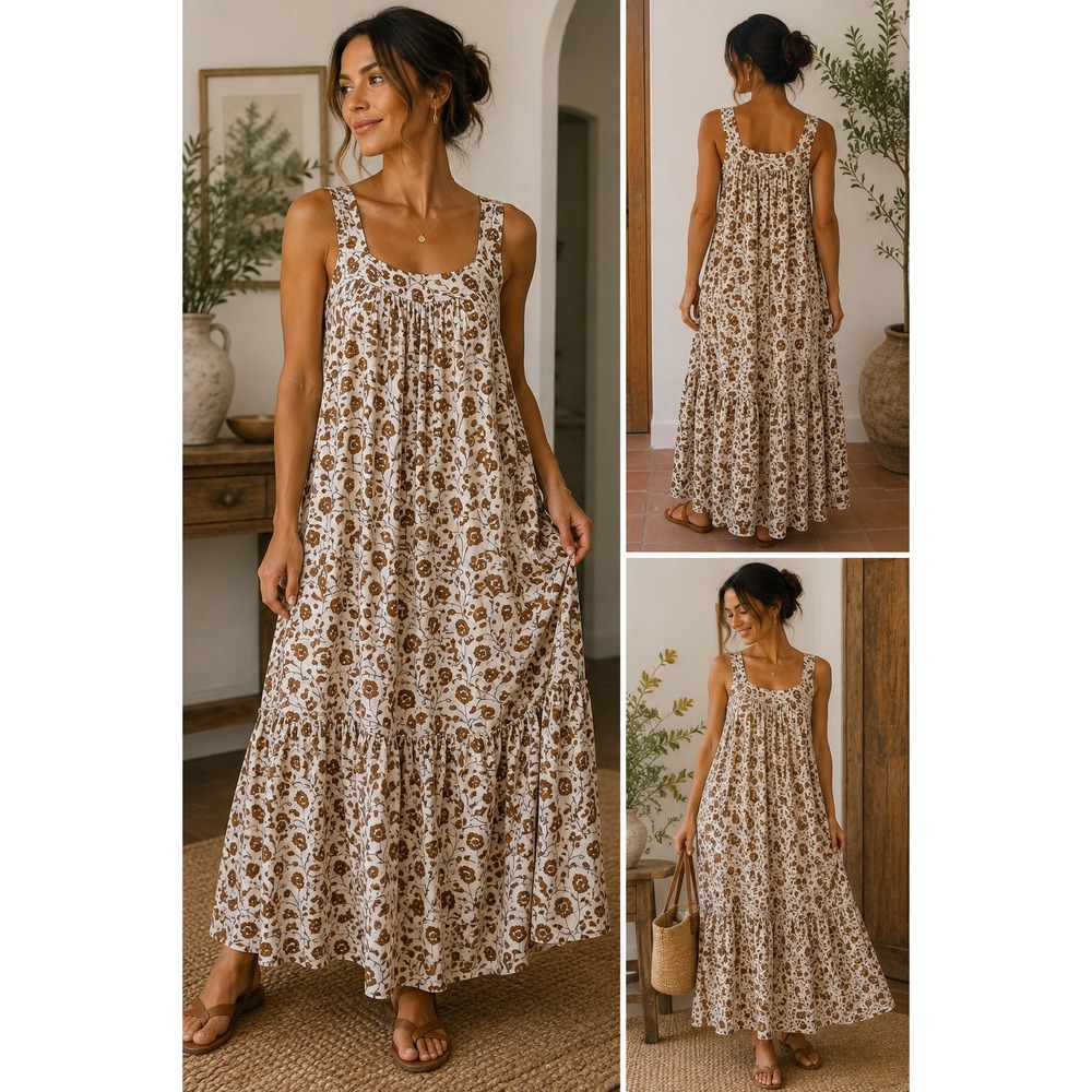 Daughters of India Brown Floral Cotton Maxi Dress Boho Tiered Lapa M